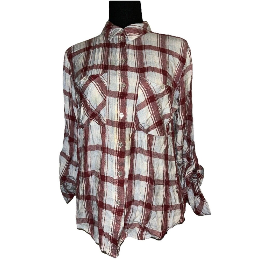 Sanctuary Tomboy Plaid Button Down Shirt Womens Small S Burgundy White Flannel